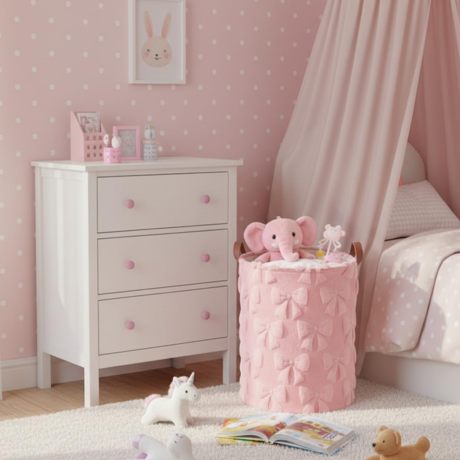 Blushtier pink bow hamper shown with durable canvas and handles