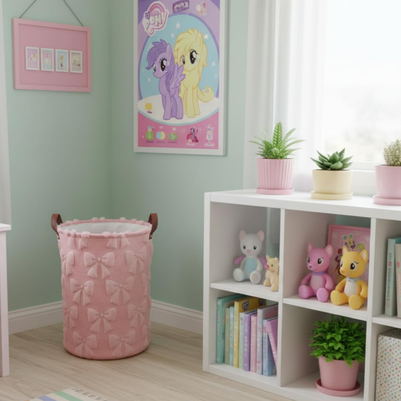 Blushtier pink bow storage bin displayed on a shelf in a playroom