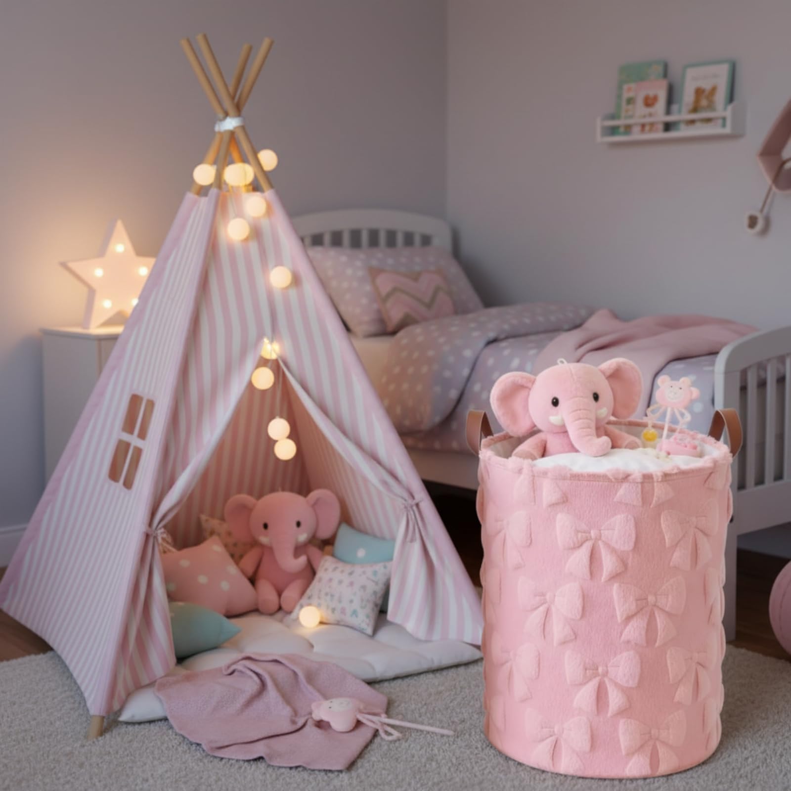Blushtier two-pack pink bow laundry baskets neatly organized in a bedroom