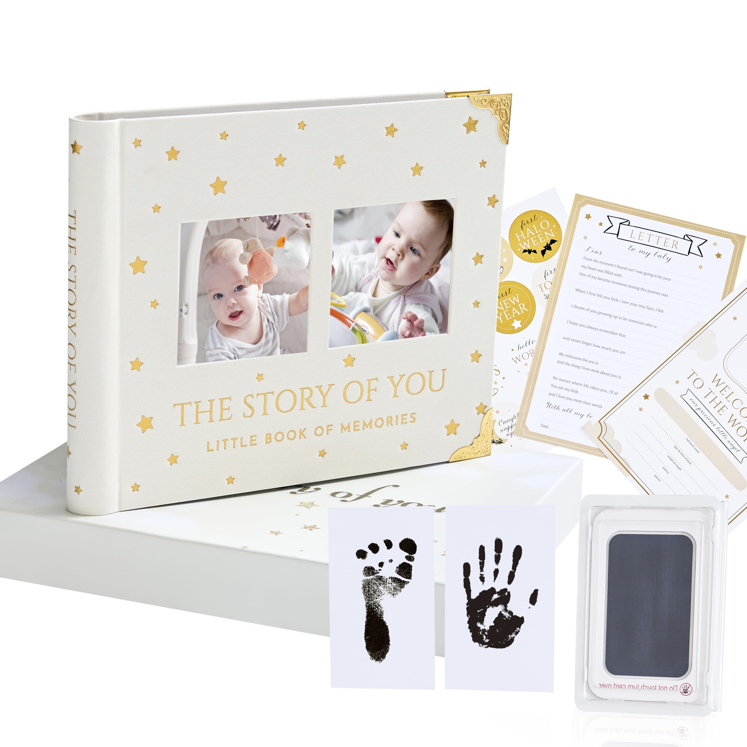 BLUSHY BABY memory book front cover in creamy linen protects memories with elegant gold corners.