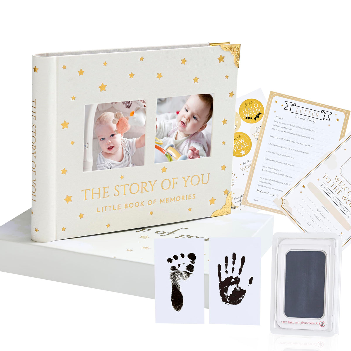 BLUSHY BABY memory book front cover in creamy linen protects memories with elegant gold corners.
