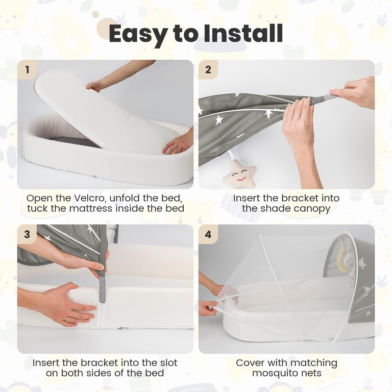 BNAKKON portable bassinet grey quick-assembly for easy use