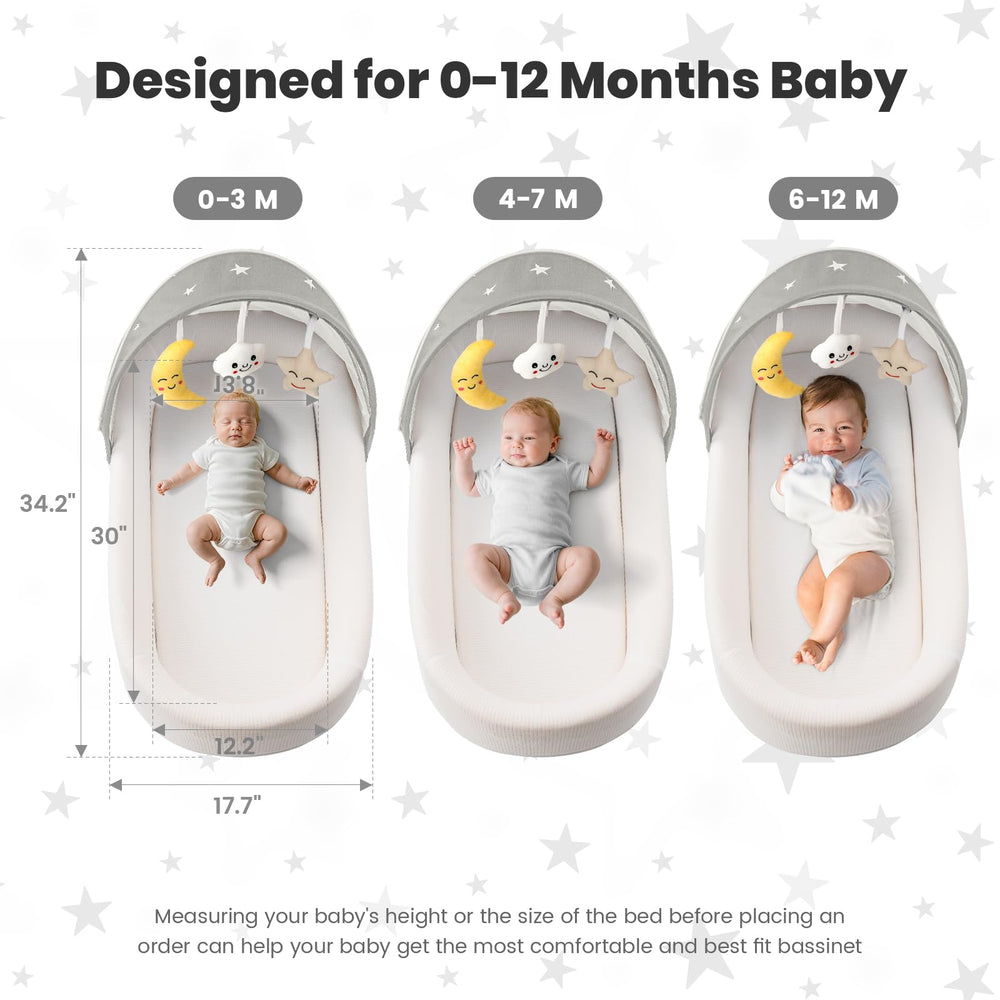 BNAKKON portable bassinet grey with dimensions shown for space planning