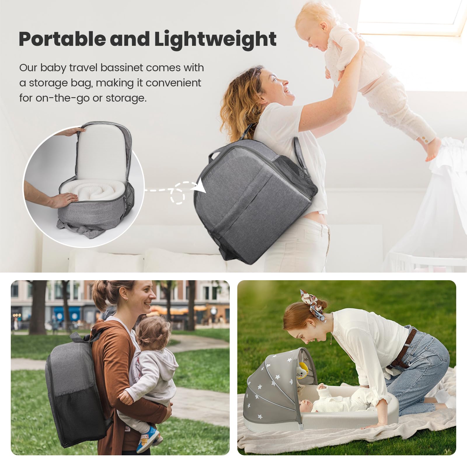 BNAKKON portable baby bassinet grey folded in backpack for travel