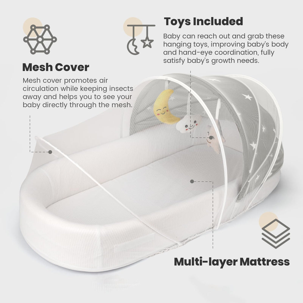 BNAKKON bassinet grey with hanging toys to engage baby