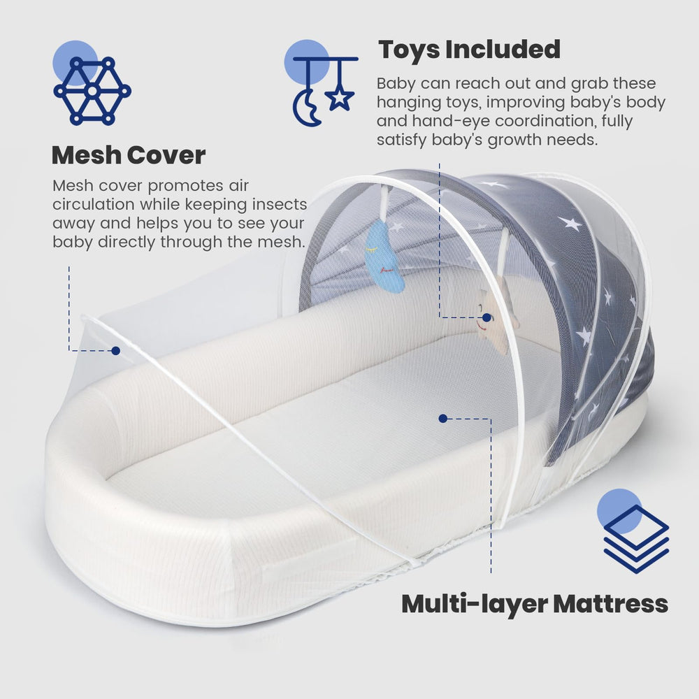 BNAKKON portable bassinet blue top toy attachments, stimulates baby's touch and sight