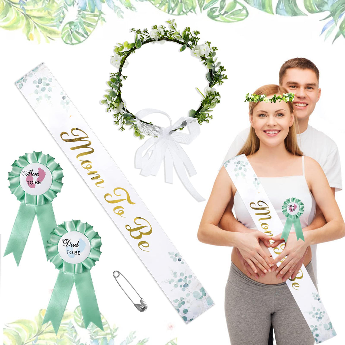Bnapott mom-to-be sash with gold glitter letters on sage leaves for maternity photos