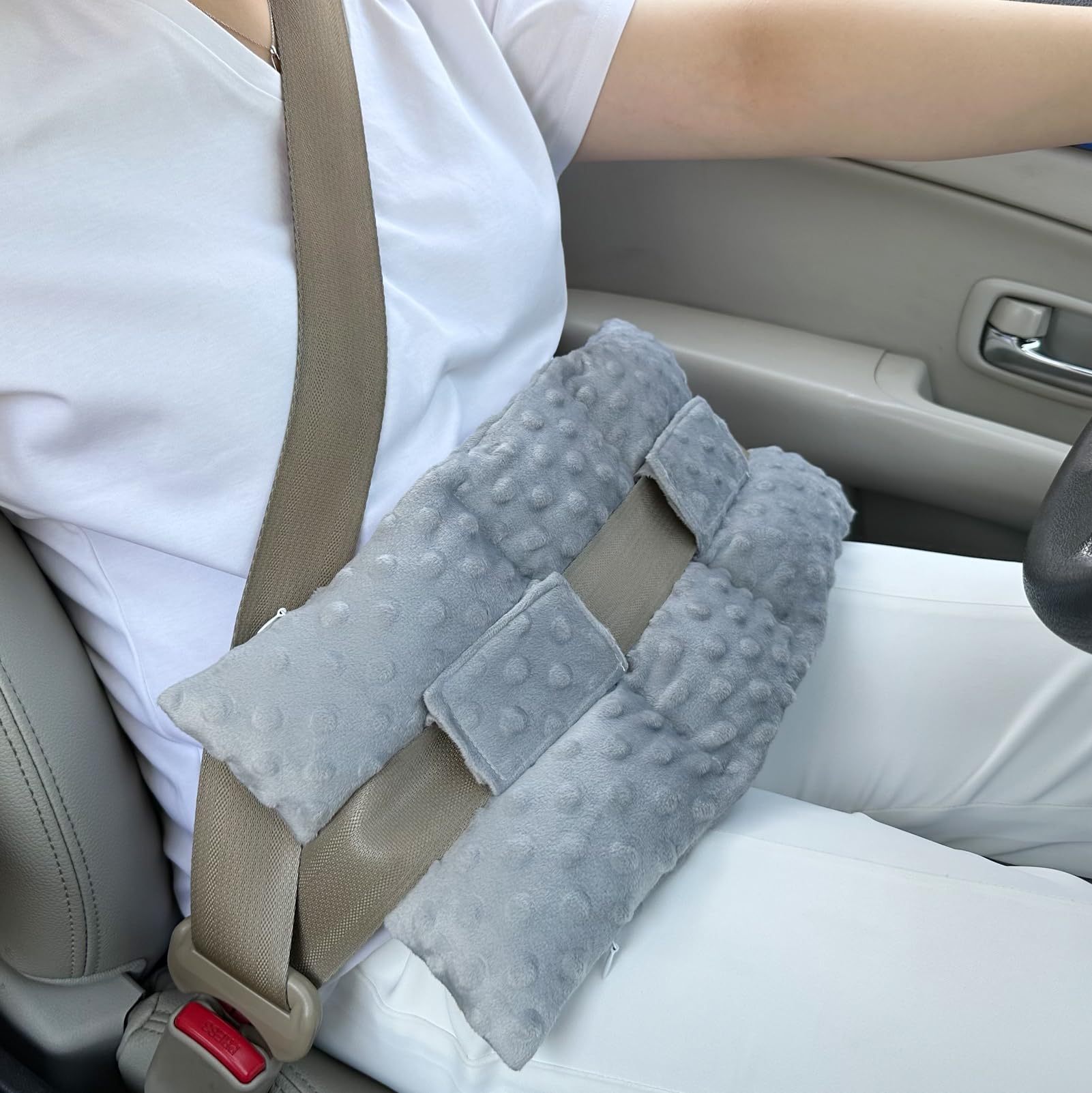 BNRendles Ostomy Seatbelt Pillow close-up in soft minky fabric cushions the stoma