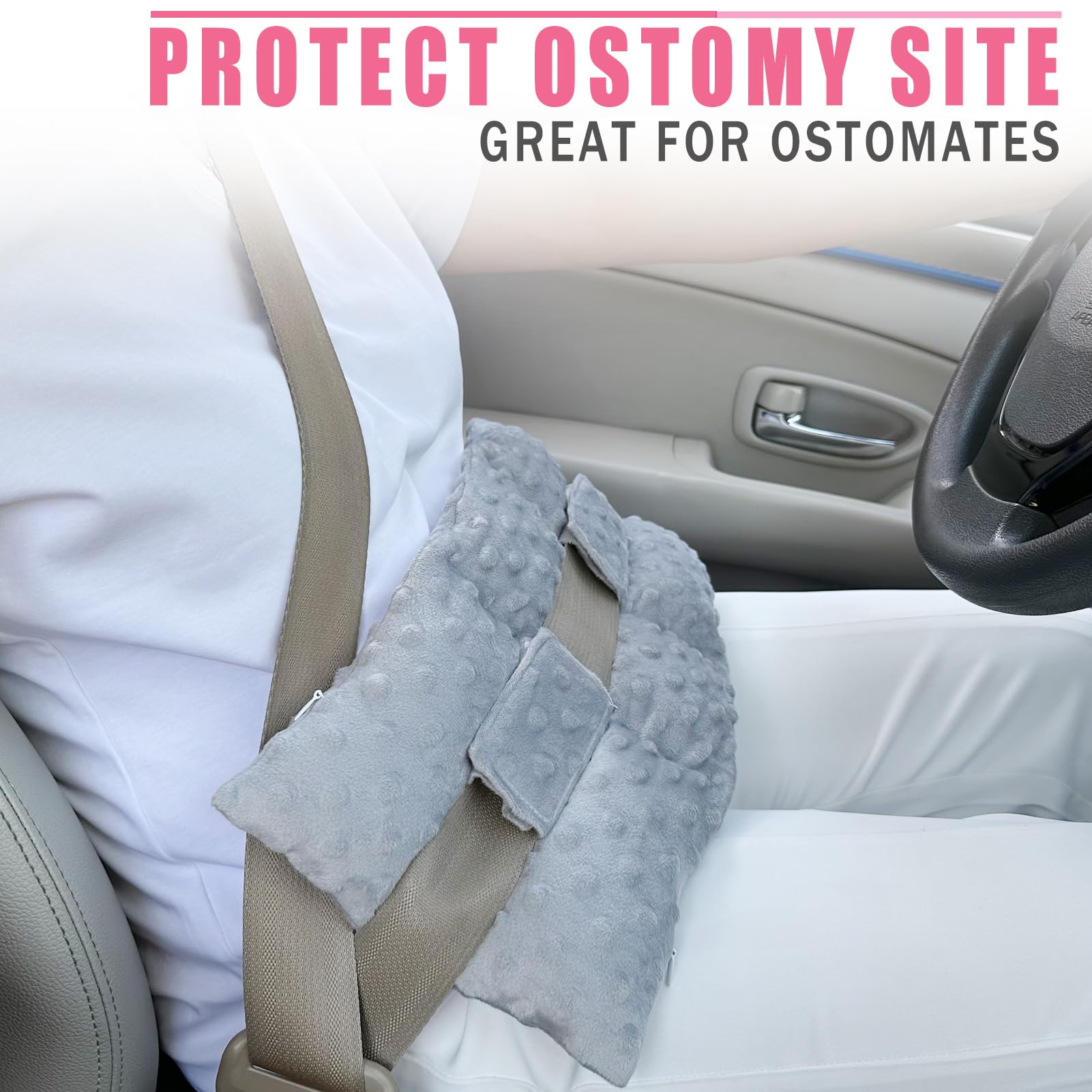 BNRendles Ostomy Seatbelt Pillow on car seat supports comfortable driving with stoma protection