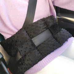 BNRendles ostomy seatbelt pillow with soft minky dot guards the stoma during car travel.