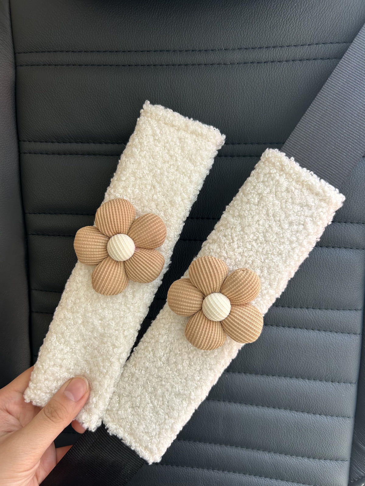 BNTR car seat belt cover with brown flower design offers protection and style.