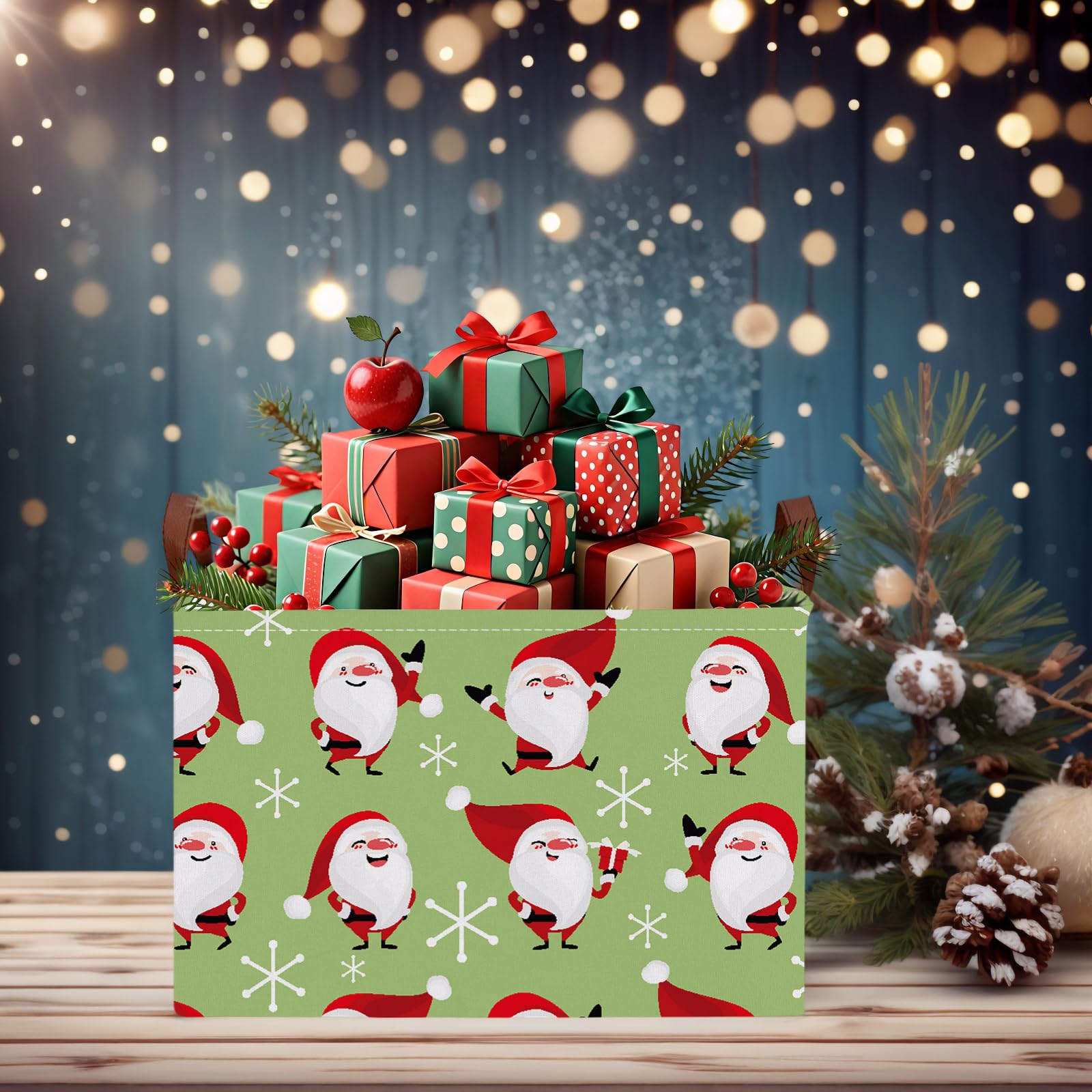 BOAMAU festive print Christmas basket adds cheerful decor to any room.
