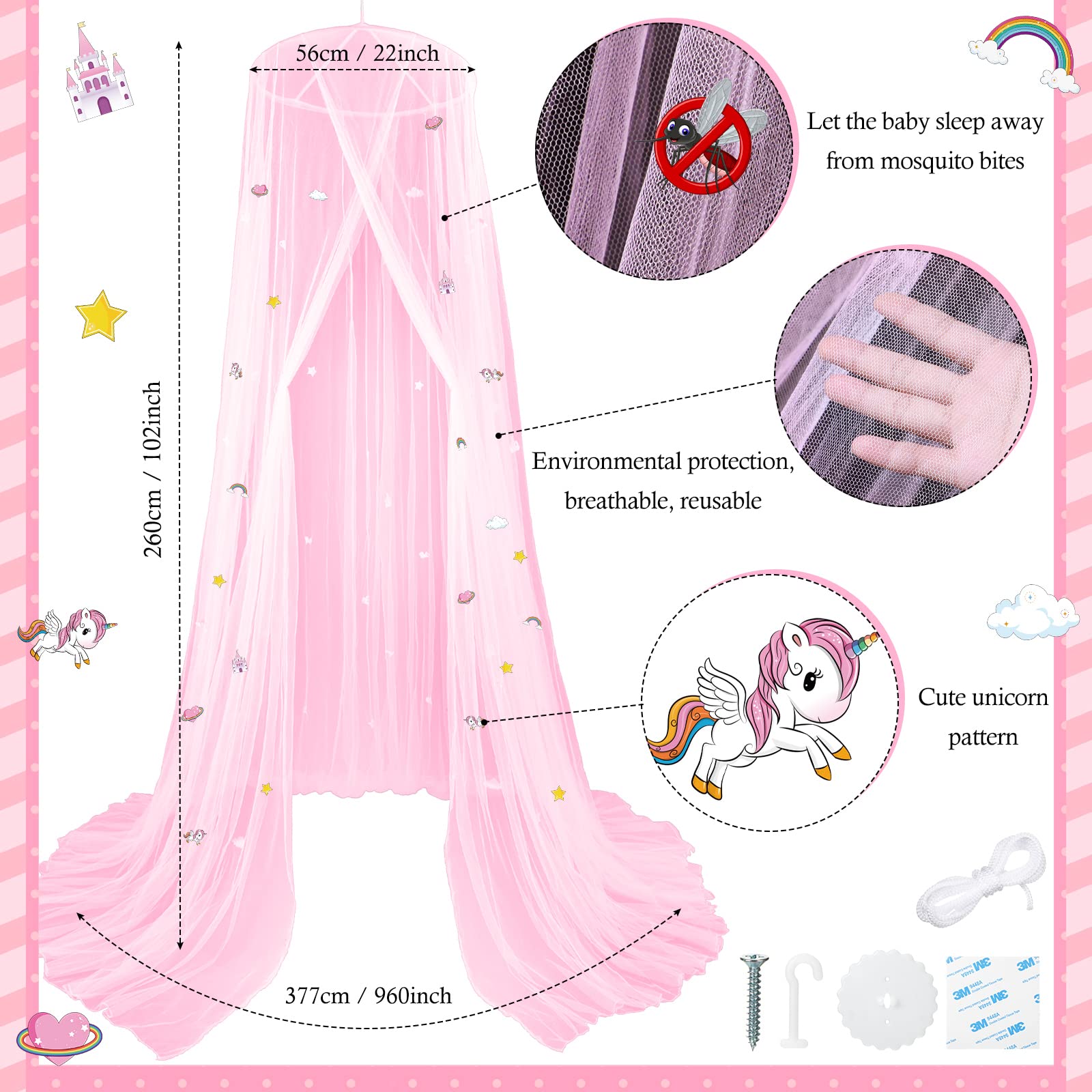 Boao unicorn-pattern glow canopy close-up highlights fluorescent stars for magical bedtime decor.