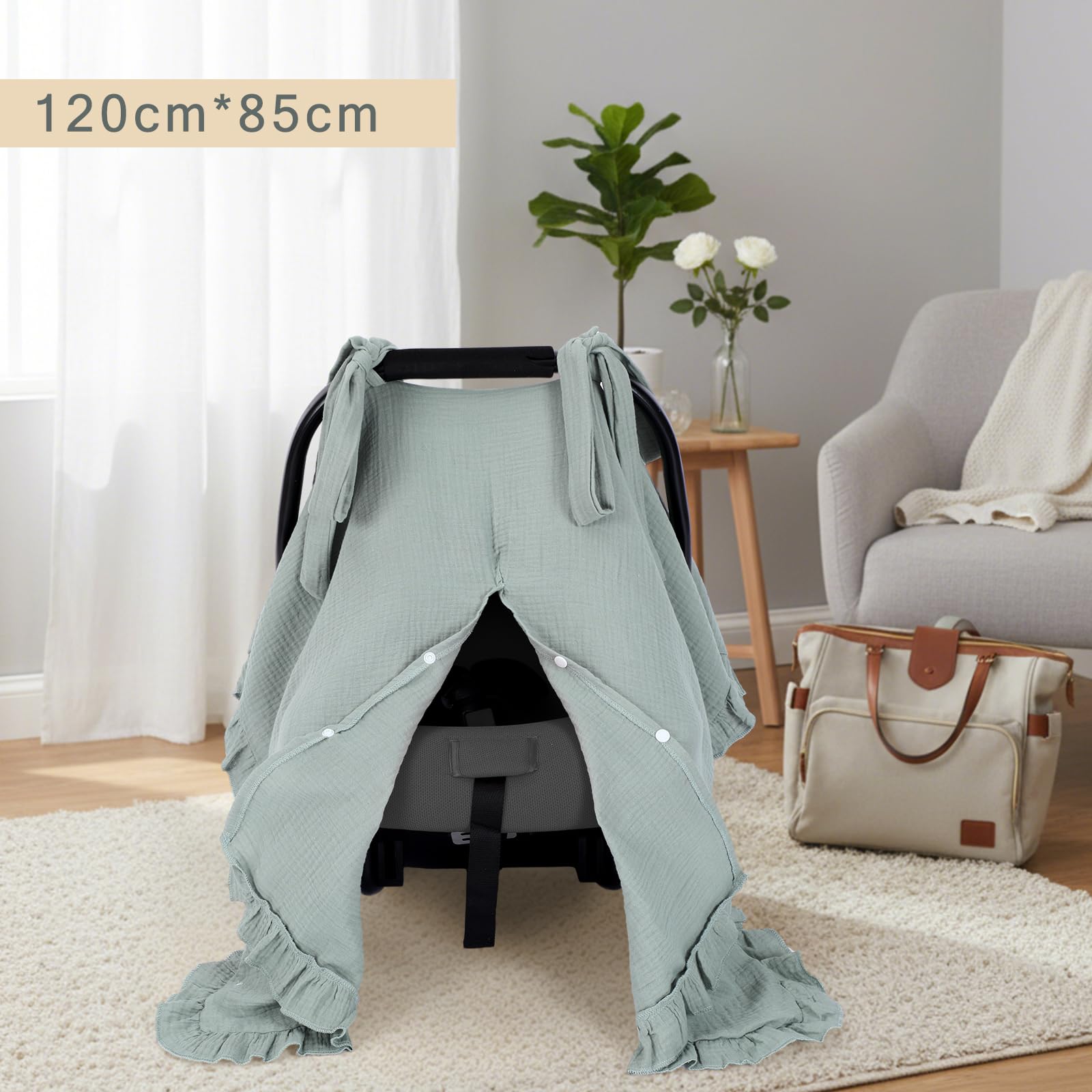 Boao Muslin Baby Car Seat Cover green attachment emphasizes secure ties and easy snaps