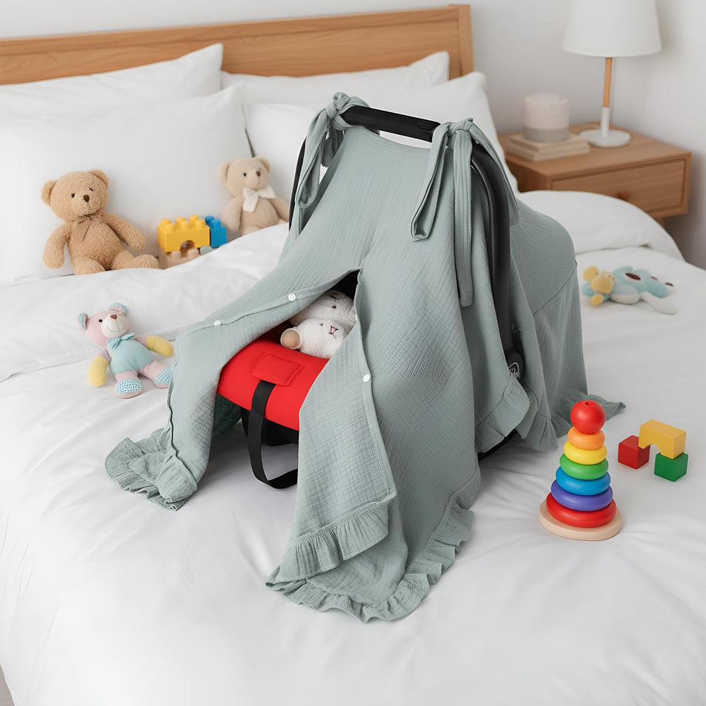 Boao Muslin Baby Car Seat Cover green folds compactly for diaper bag storage