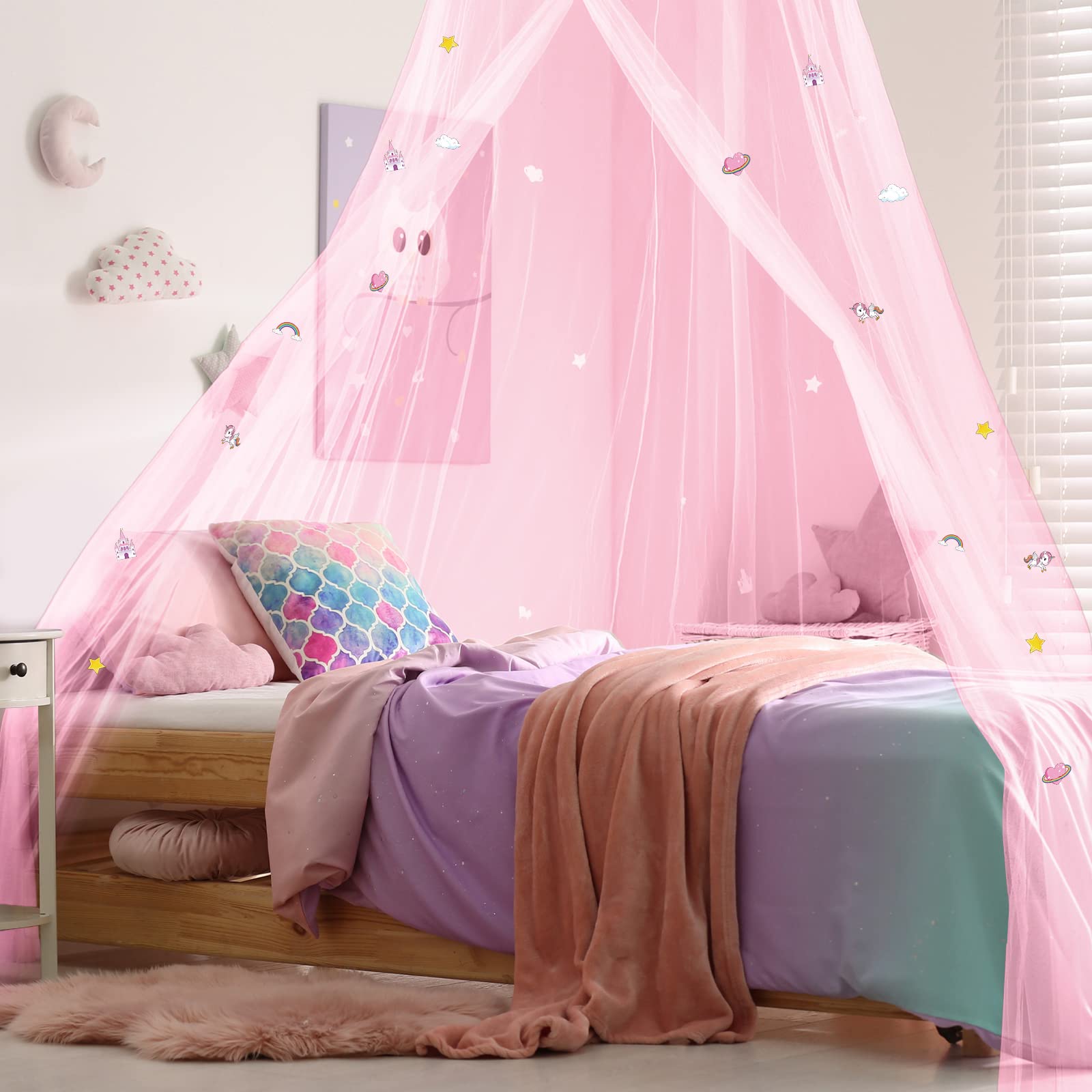 Boao room decor canopy pairs with lighting to create whimsical night-time luminosity.