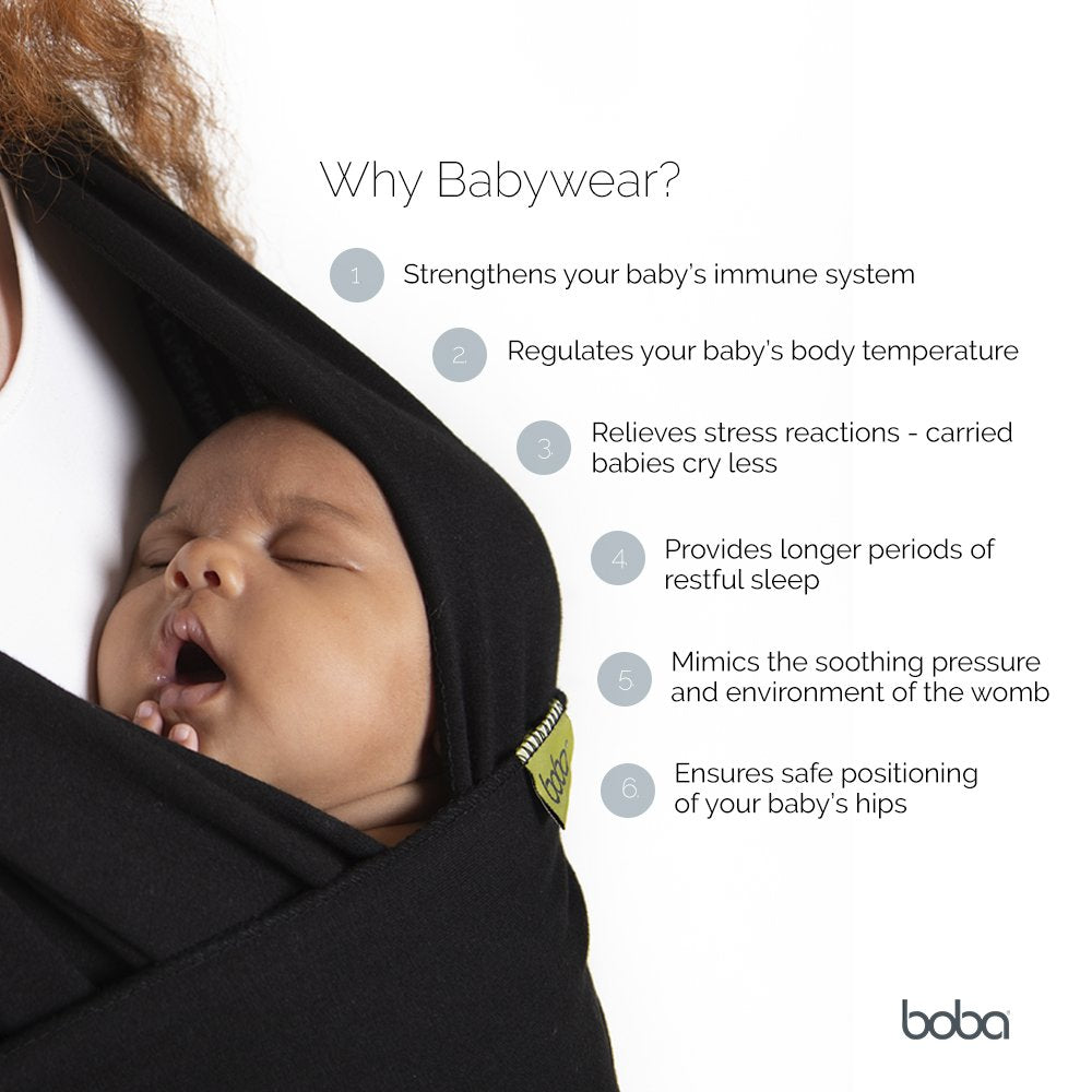 Boba Baby Wrap Carrier demonstrates hip-healthy ergonomic positioning for baby