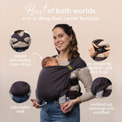 Boba Bliss hip-healthy seat supports natural leg placement for growing babies.