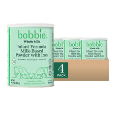 Bobbie baby formula canister front highlights full cream nutrition for newborns.