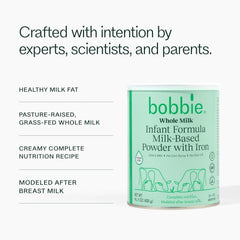 Bobbie formula canister nutrition label closeup emphasizes iron and vitamin D.