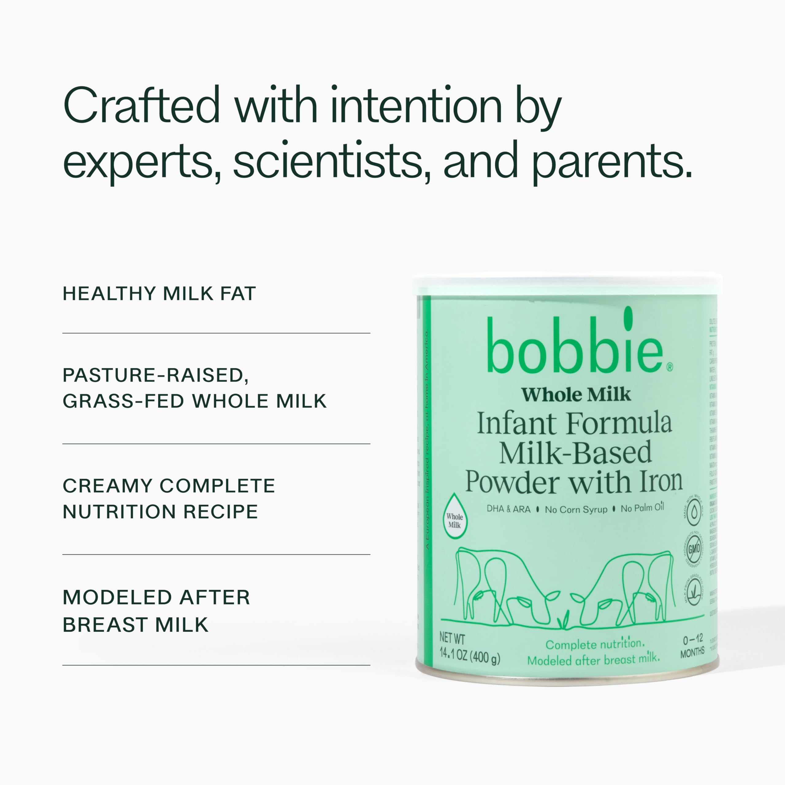 Bobbie formula powder with scoop for easy preparation.