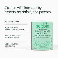 Bobbie formula powder with scoop for easy preparation.