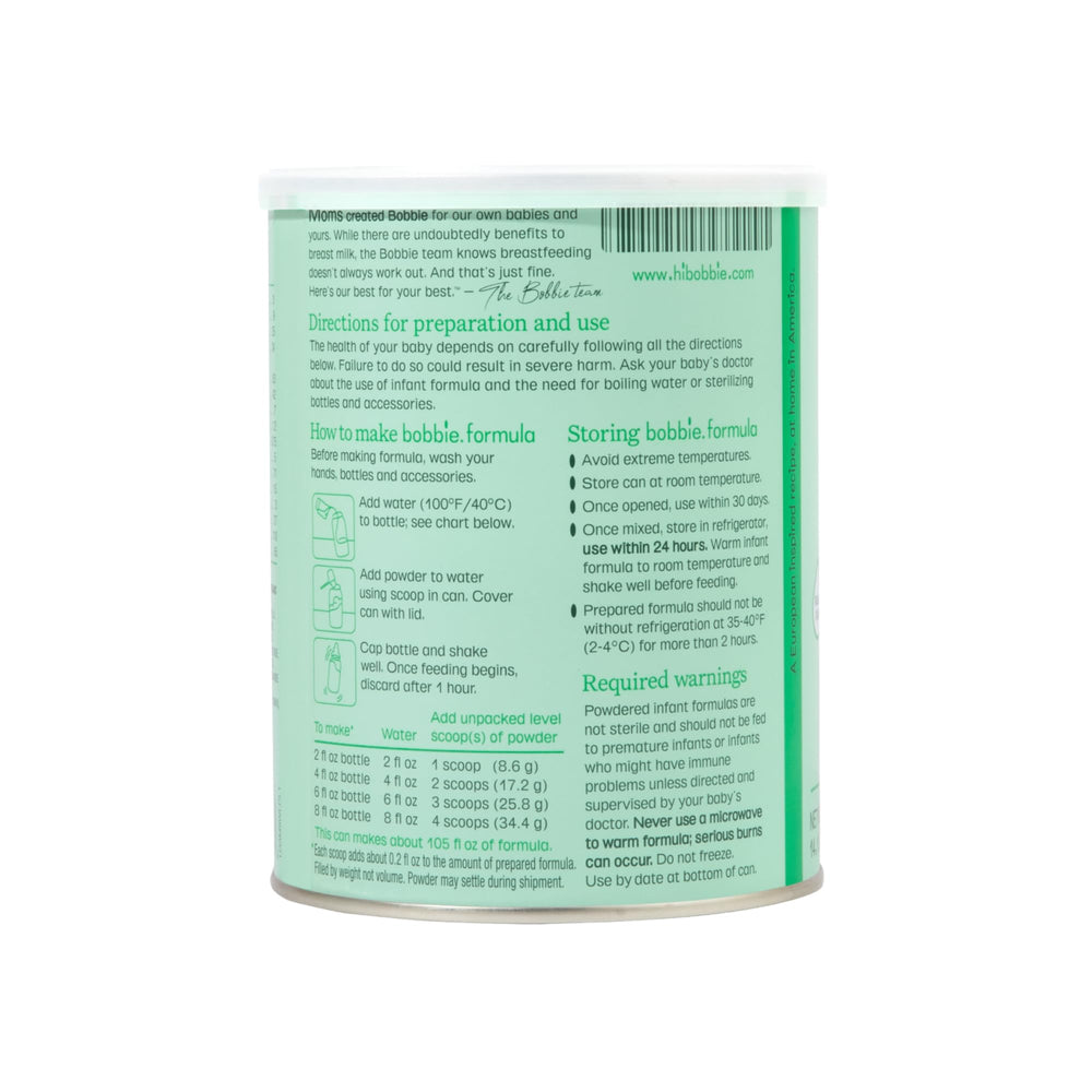 Bobbie protein blend (60:40 whey to casein) promotes gentle digestion.