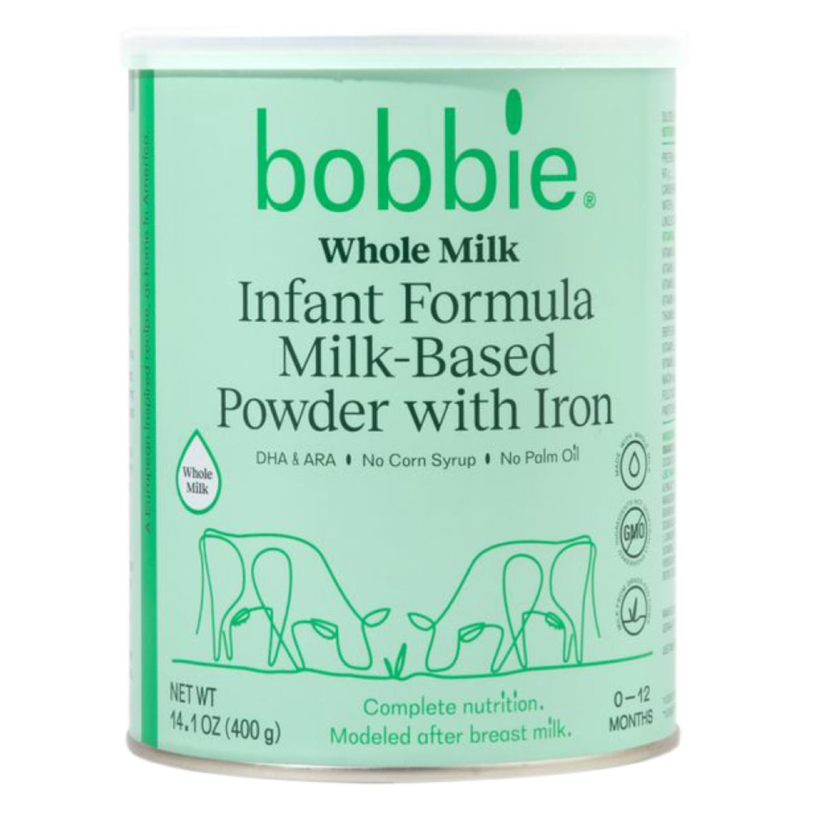 Bobbie whole milk baby formula pack, highlighting grass-fed nutrition.
