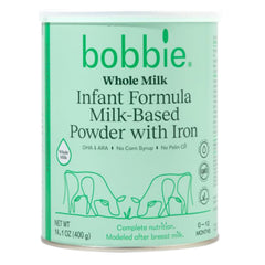 Bobbie whole milk baby formula pack, highlighting grass-fed nutrition.