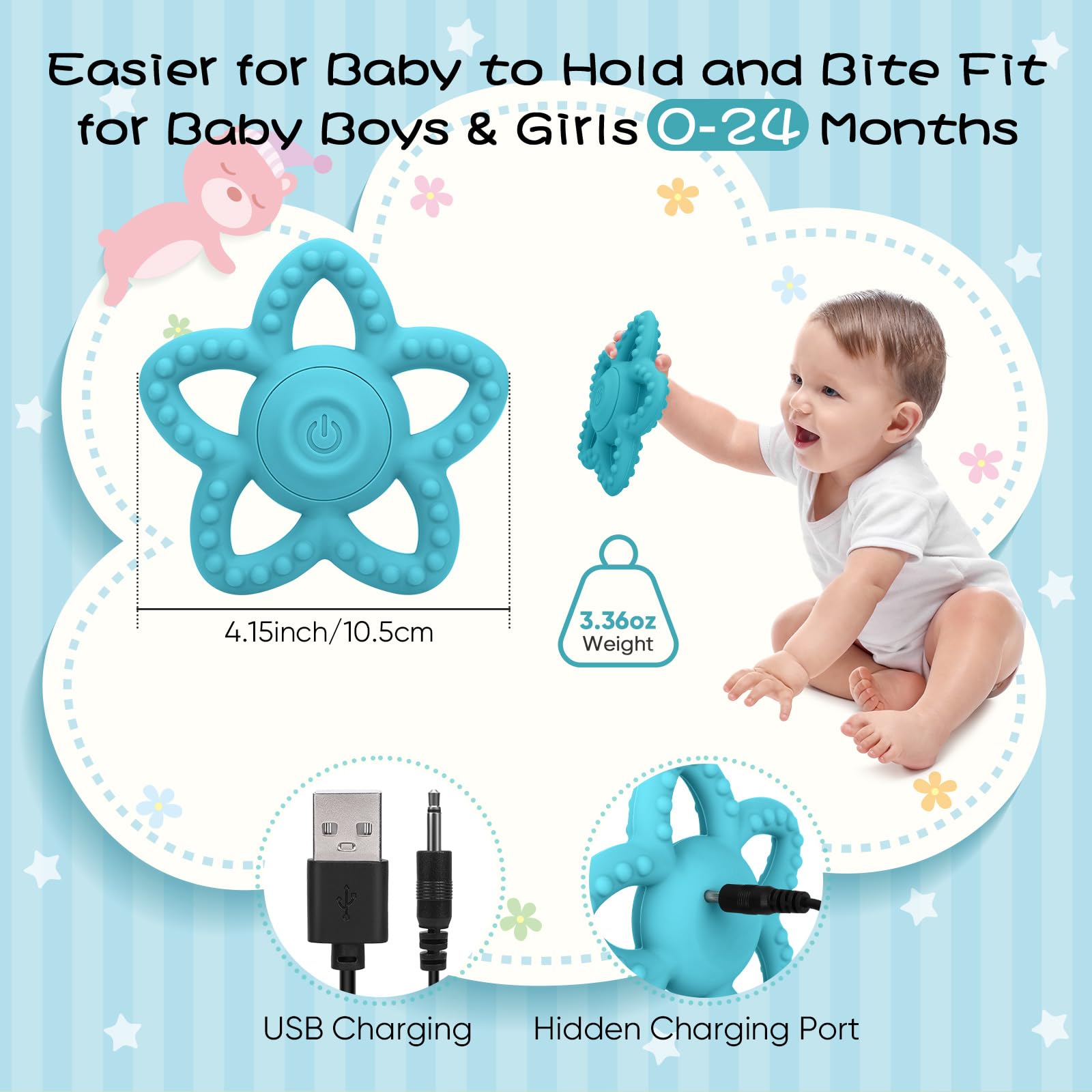 BOBOKA vibrating sensory chew toy blue 3-settings soothe with customizable vibrations.