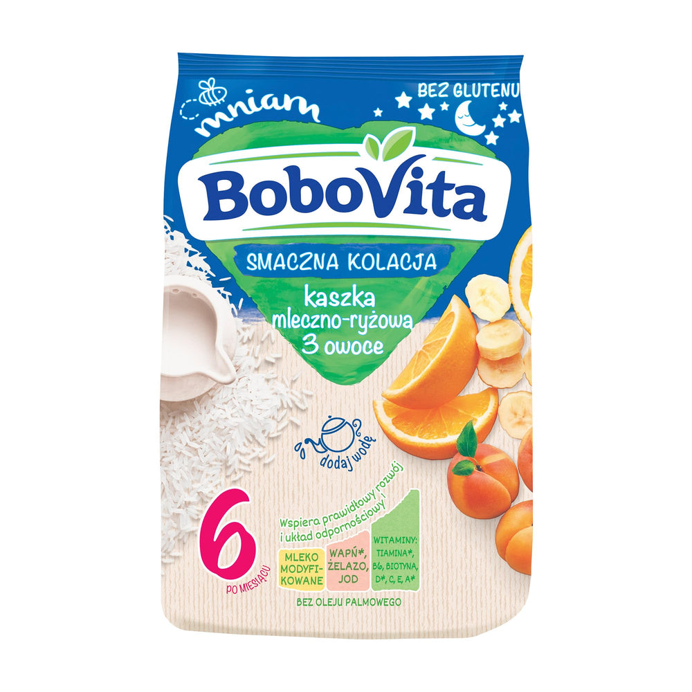Bobovita milk and rice gruel in a baby bowl promotes varied meals.