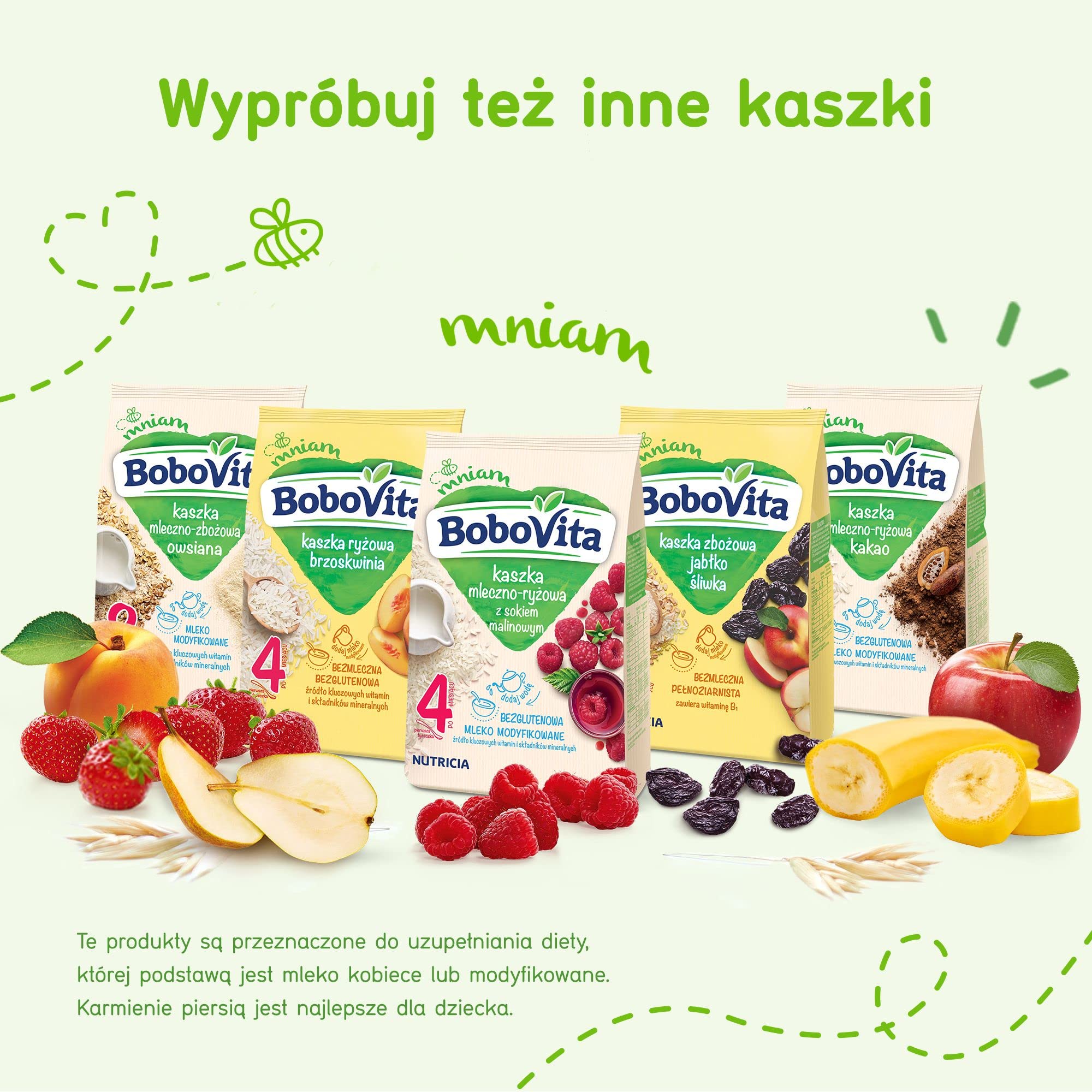 Close-up of Bobovita multifruit gruel serving with spoon ready to feed.