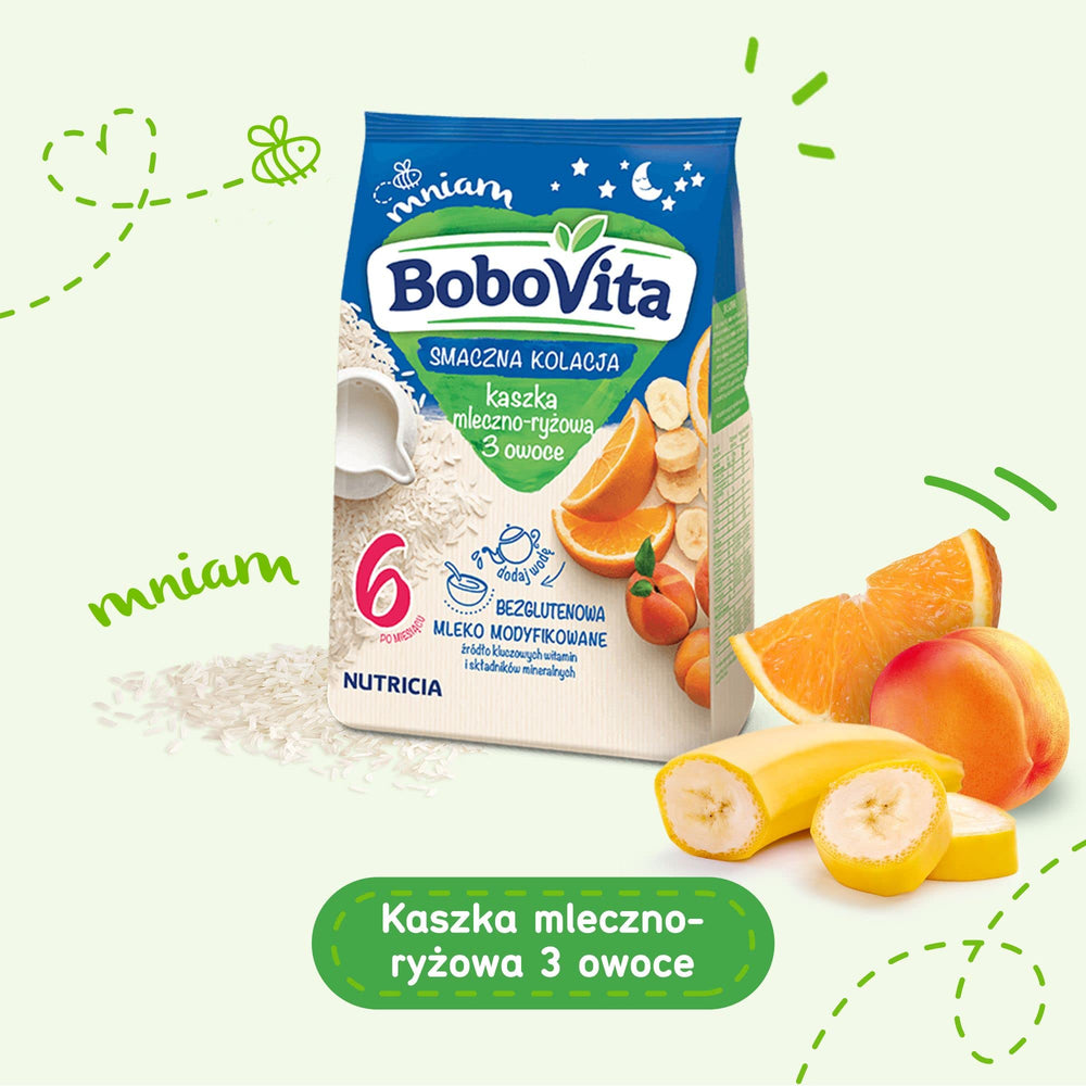 Spoon serving Bobovita multifruit gruel during a feeding session.