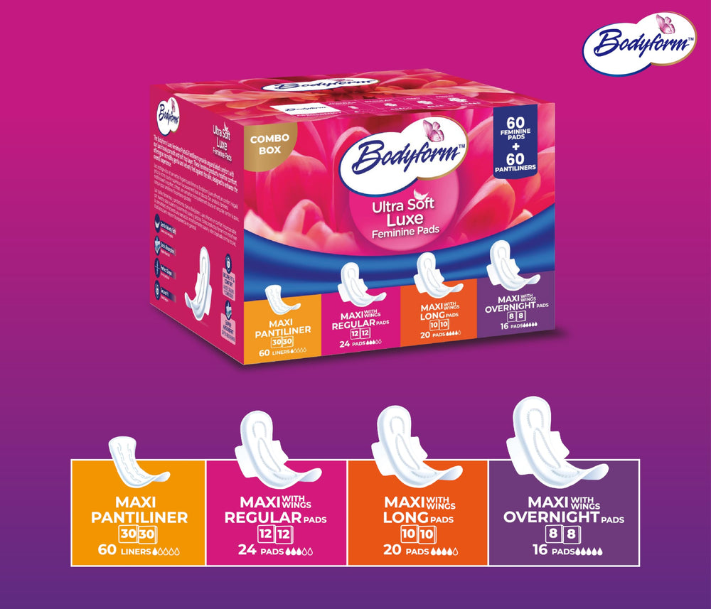 Bodyform Luxe value bundle provides versatile coverage with 60 pads and 60 pantyliners.