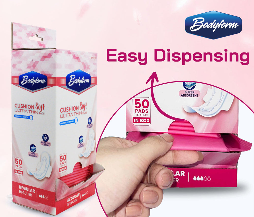 Bodyform pads individually wrapped for hygienic handling in shared facilities.