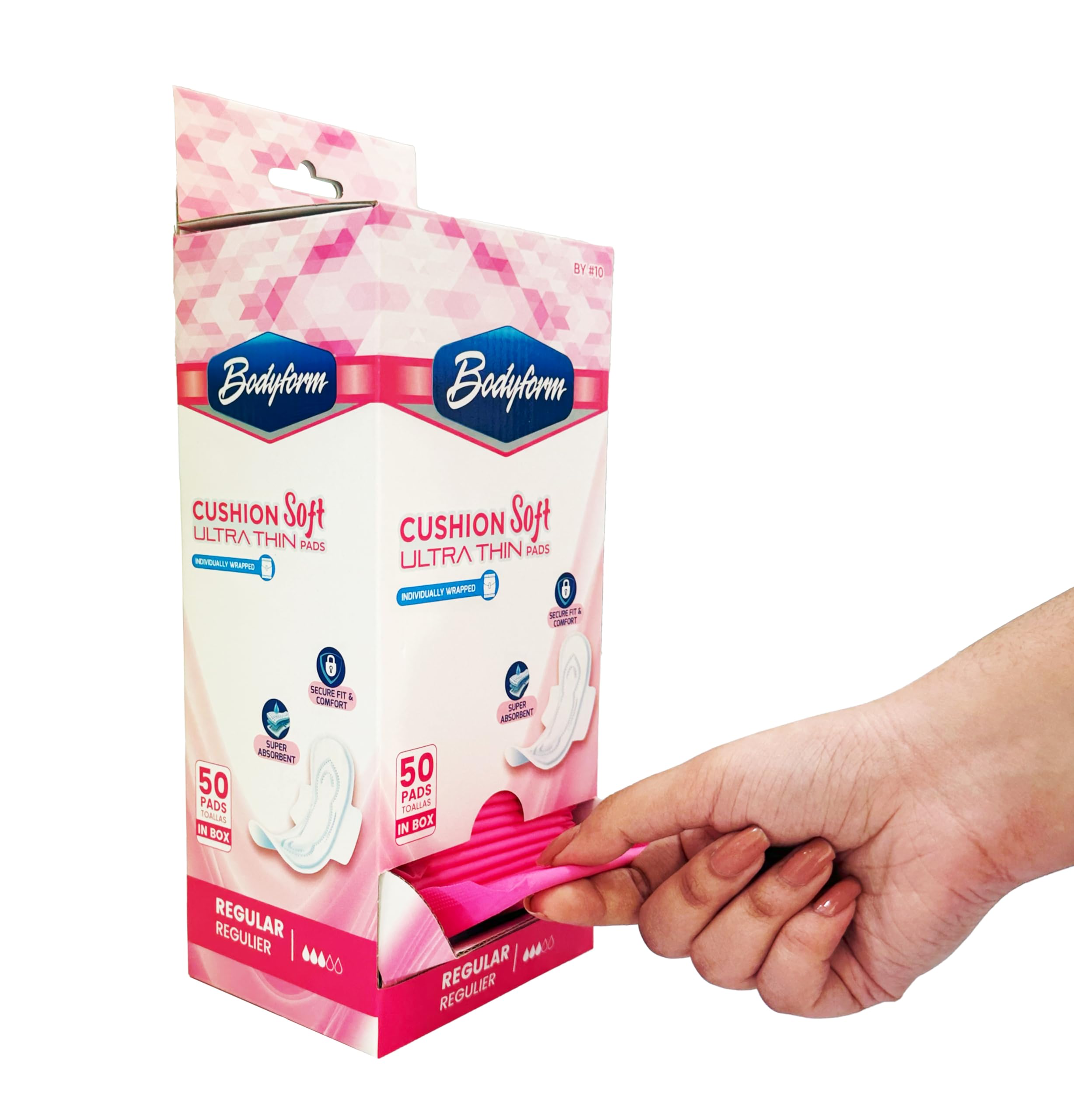 Bodyform Ultra Thin Pads with pull-tab dispenser for discreet, accessible protection in public restrooms.