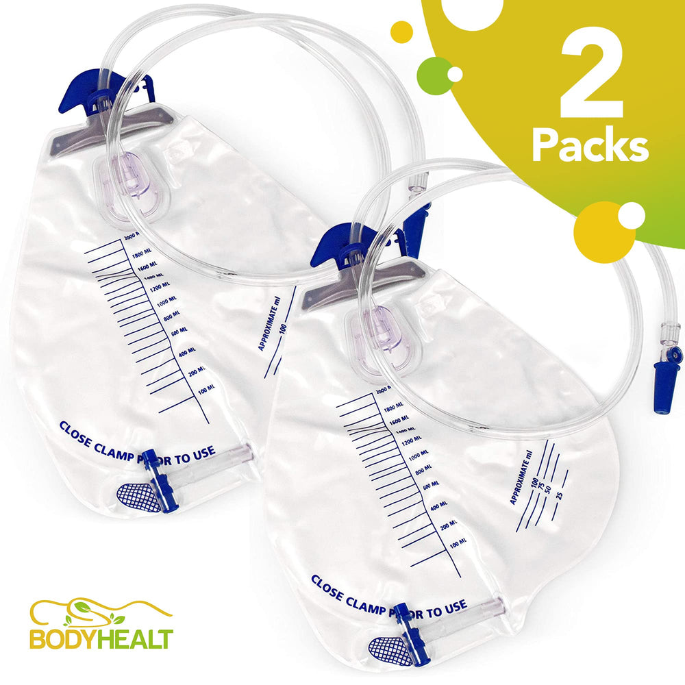 BodyHealt urinary bag with 2000 mL capacity for extended, unattended care.