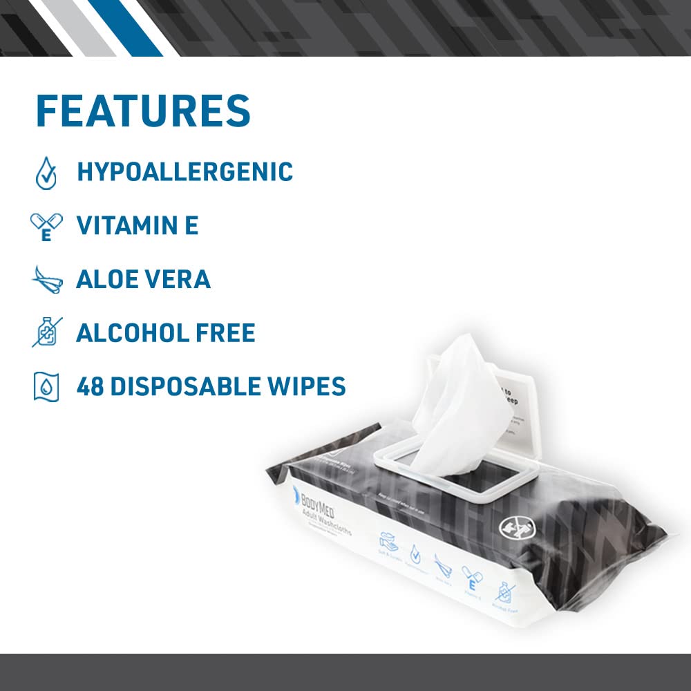 BodyMed adult wipes 8x12-inch coverage, ideal for thorough cleansing.