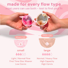 Bodyotics reusable L-size menstrual disc secured for steady protection during activity.