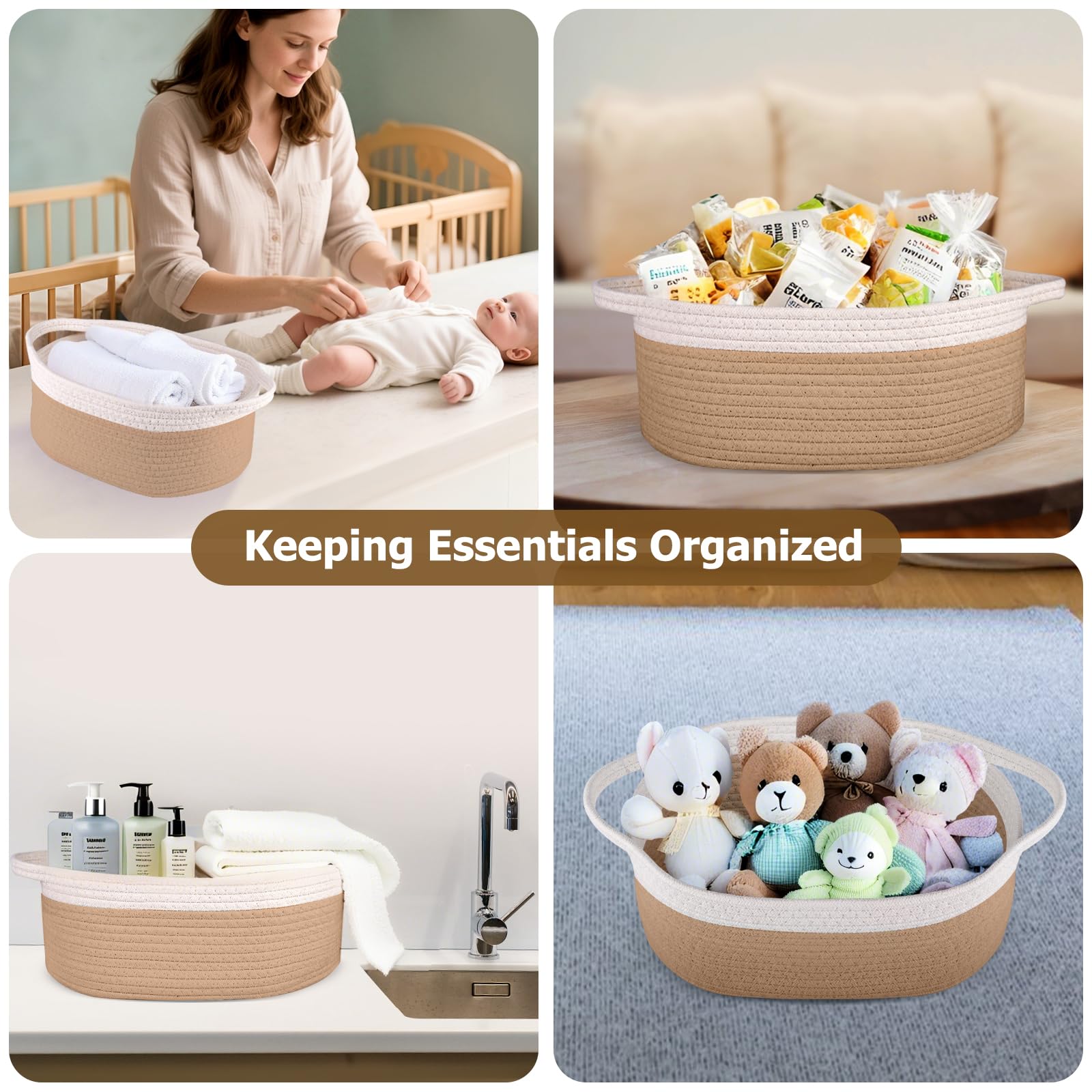Boensi small woven basket with sturdy side handles for easy portability