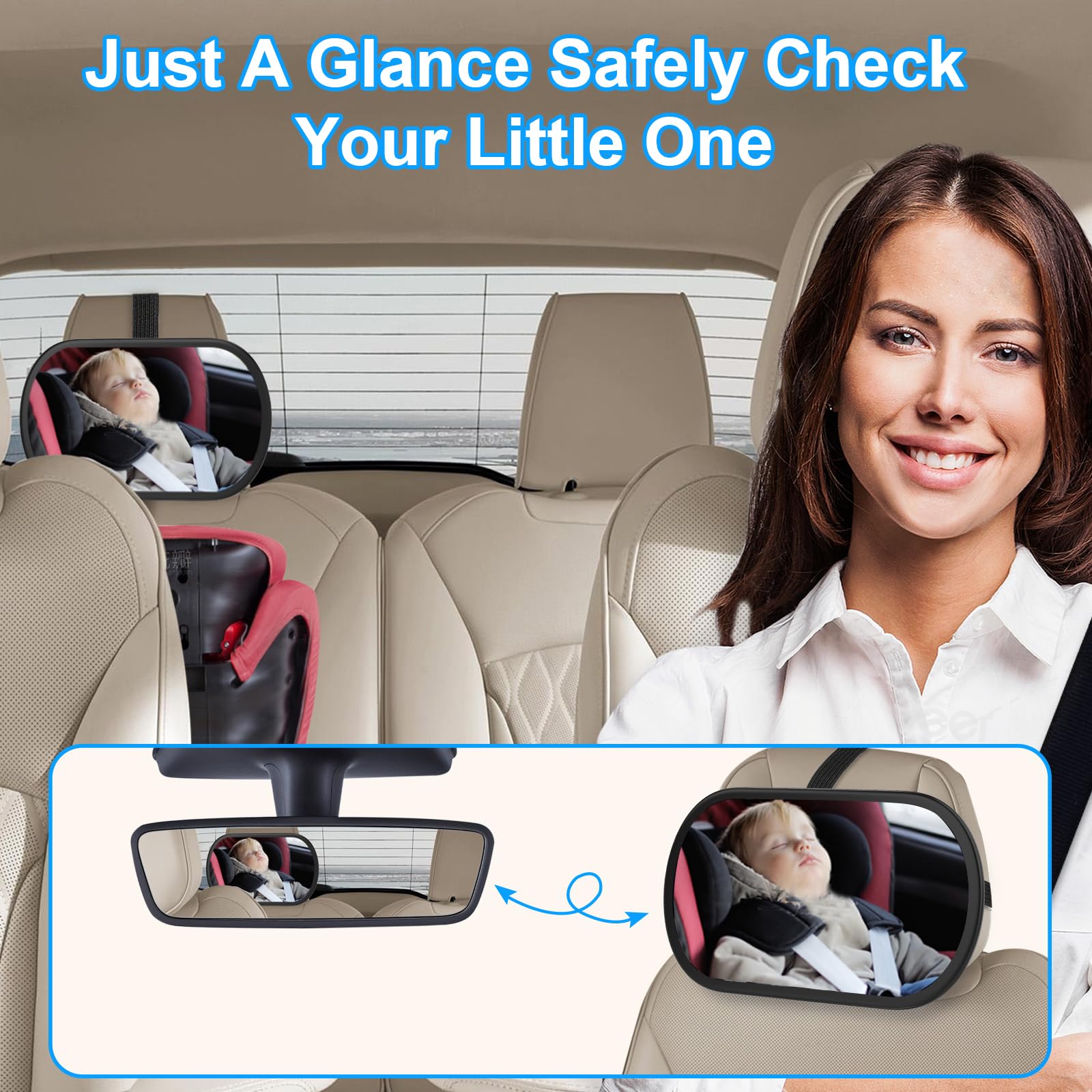 BOEYOS mirror installs quickly on headrests or sunshades without tools
