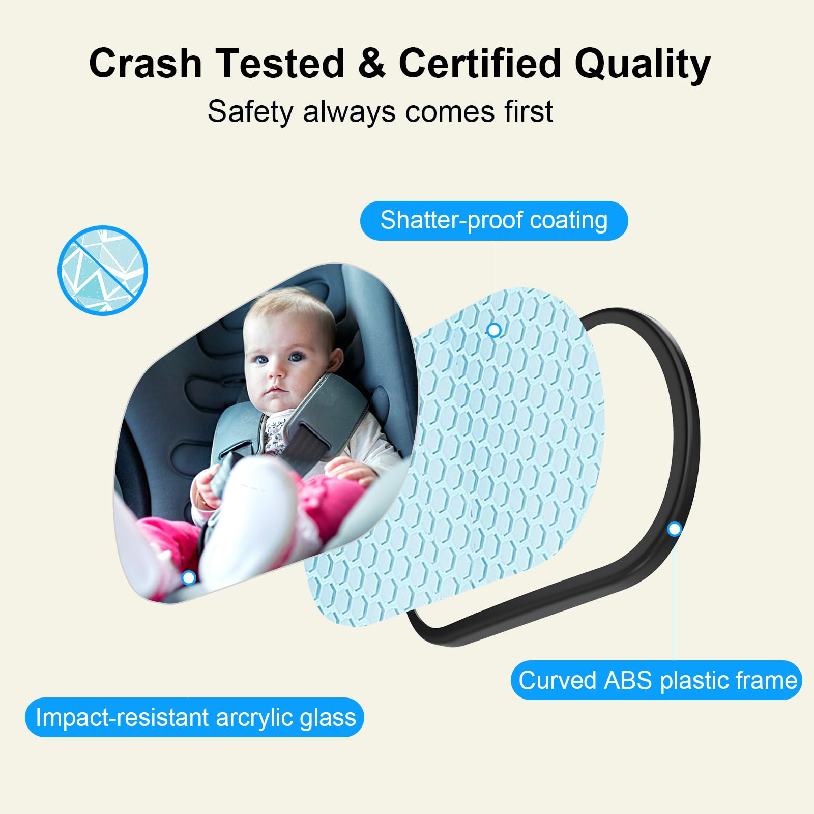 BOEYOS baby car mirror wide-angle view captures rear-facing infant clearly.