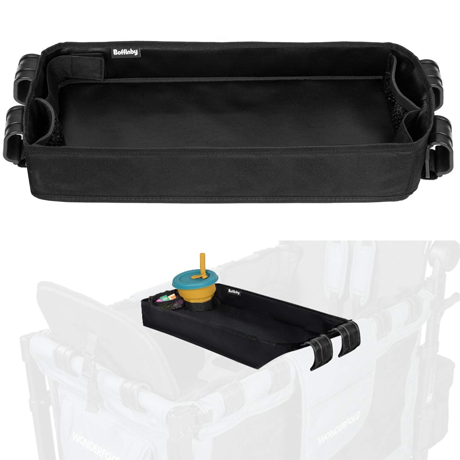 Boffinby double-sided stroller tray on W2 Elite with secure cup holders.