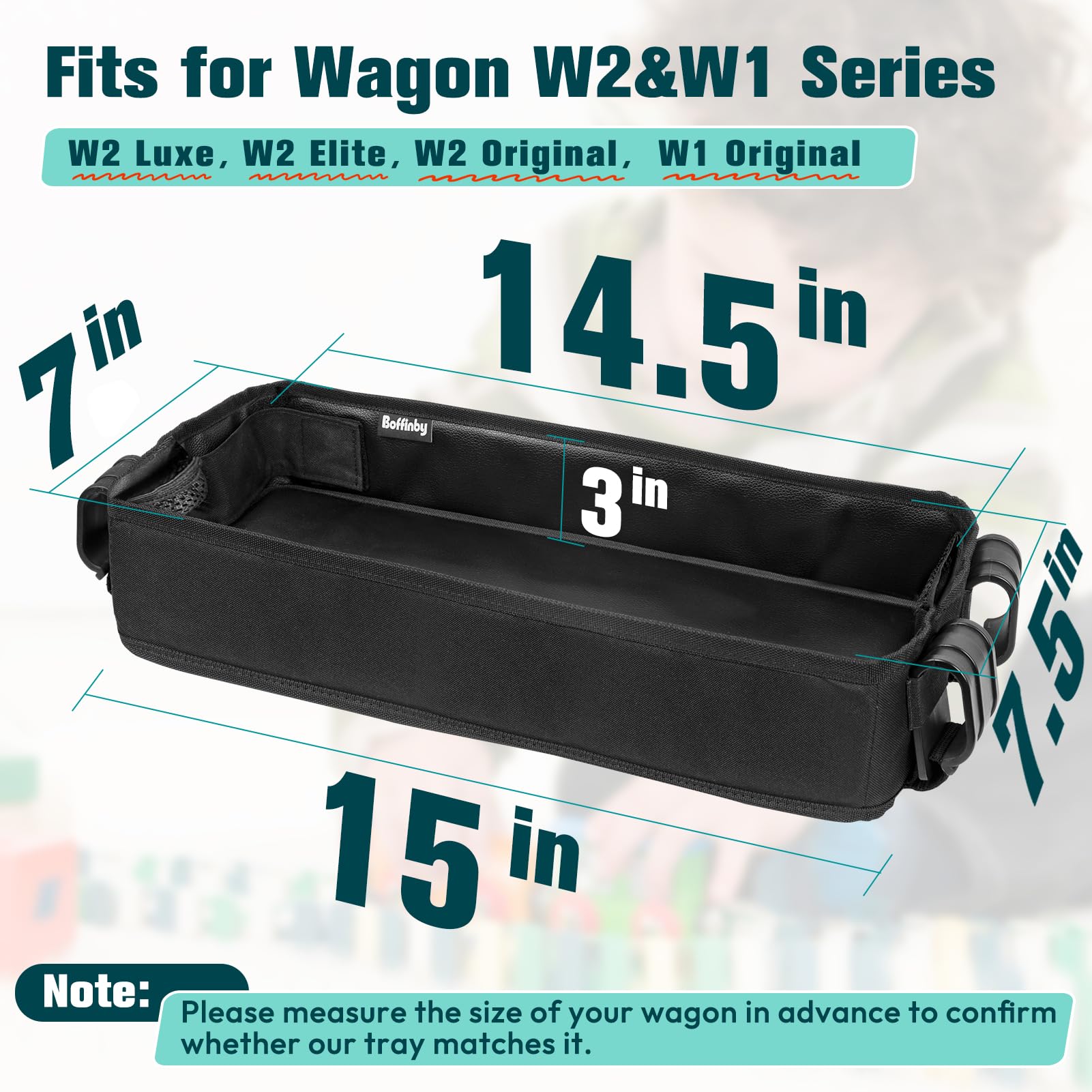 Boffinby double-sided stroller tray on W2 Original for snack and tablet storage.