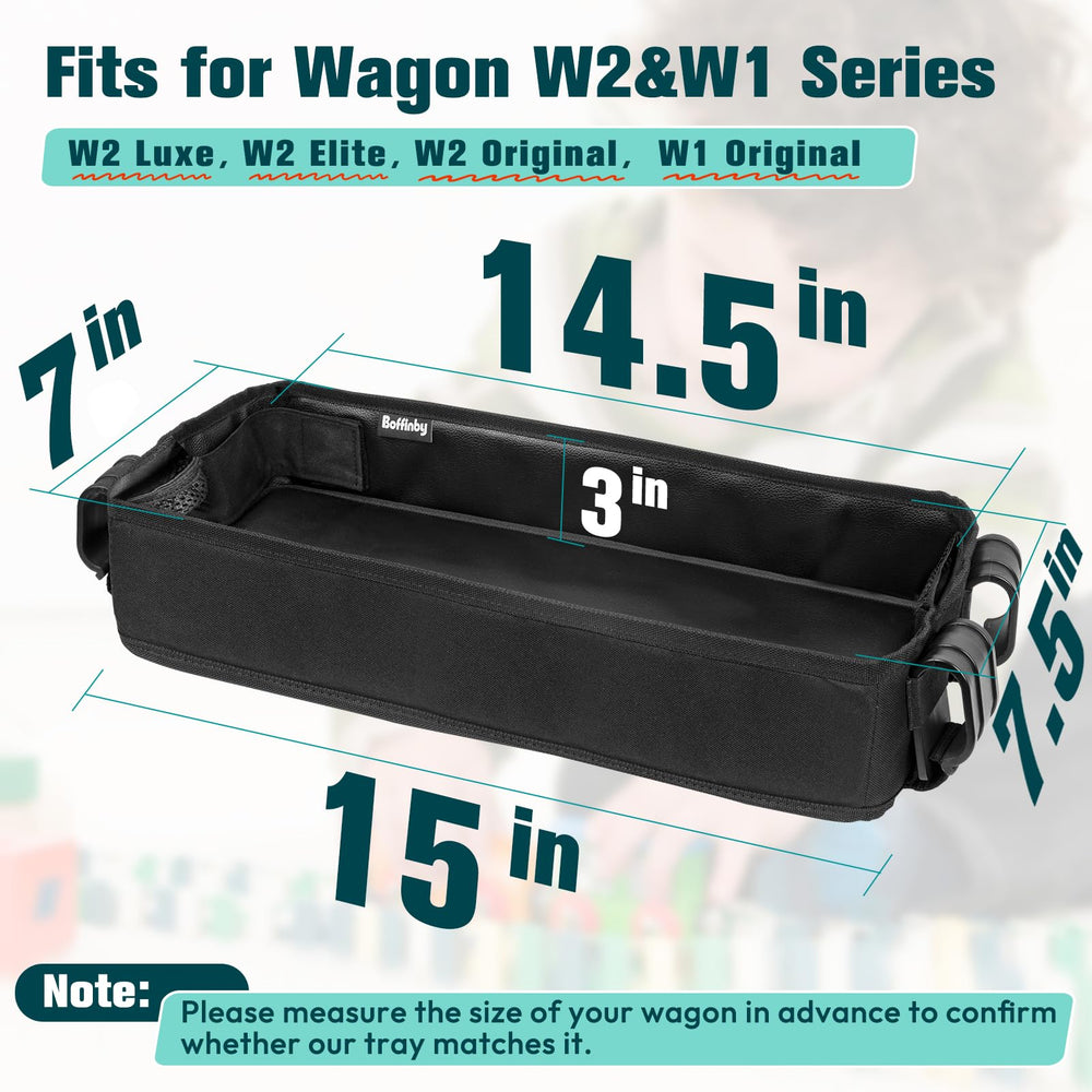 Boffinby double-sided stroller tray on W2 Original for snack and tablet storage.