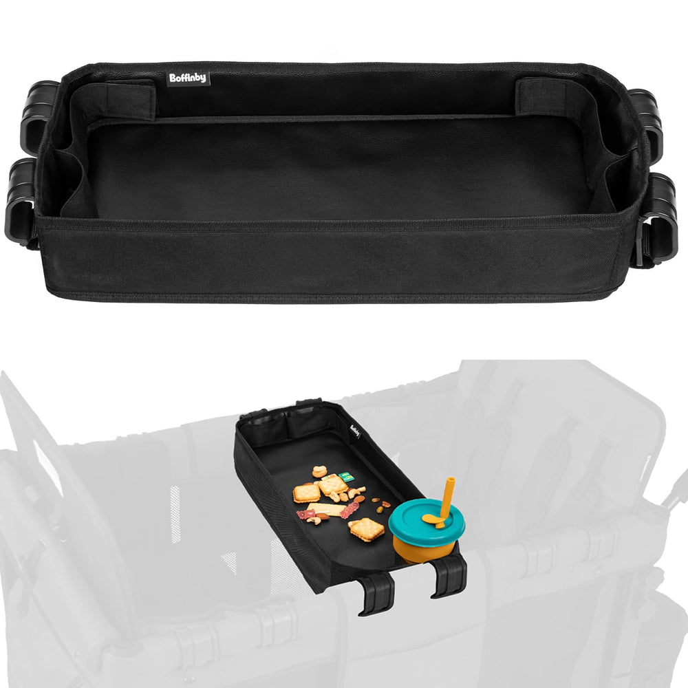 Boffinby double-sided stroller tray for W4 Luxe with secure snack storage.