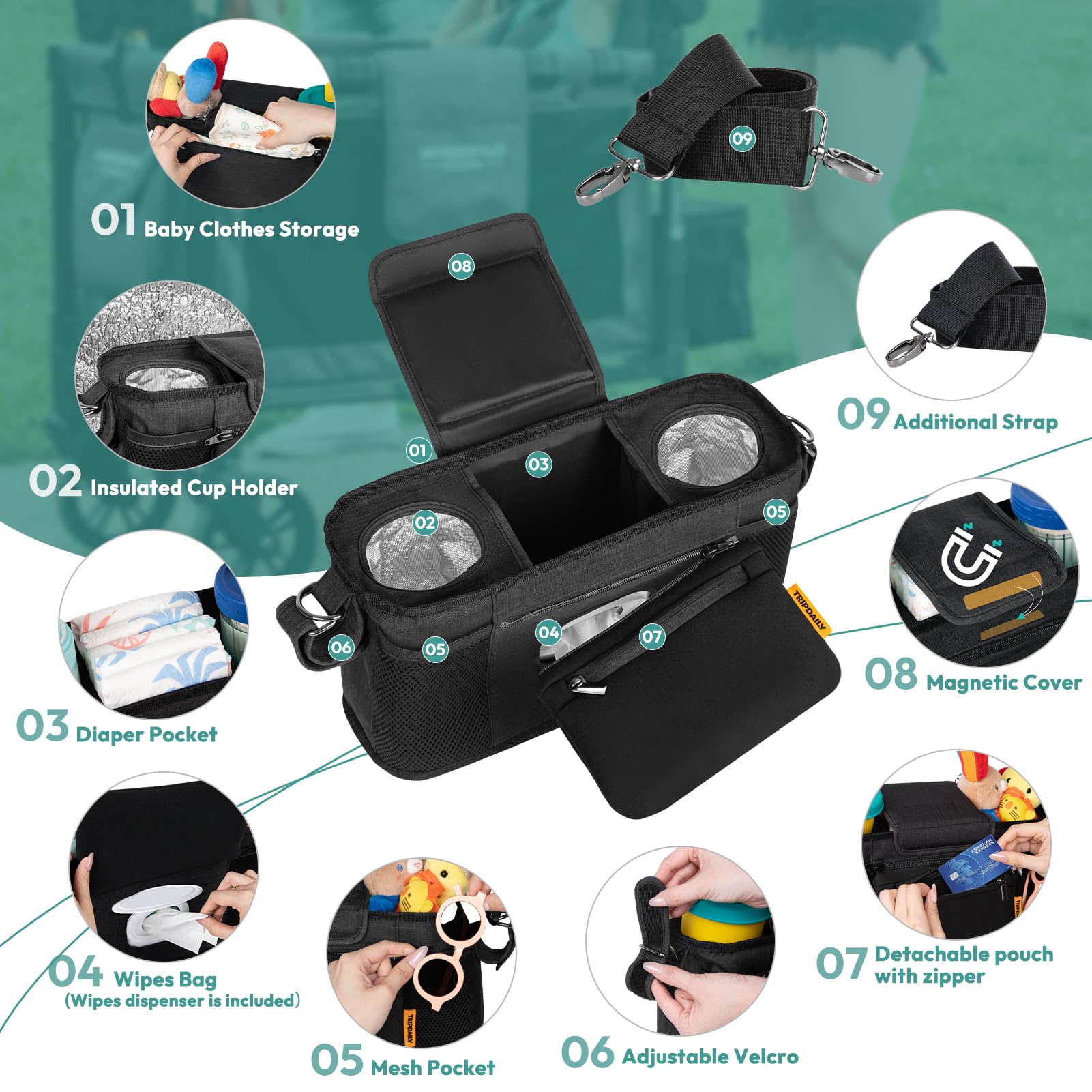 Boffinby detachable pouch adds compact storage for small items.
