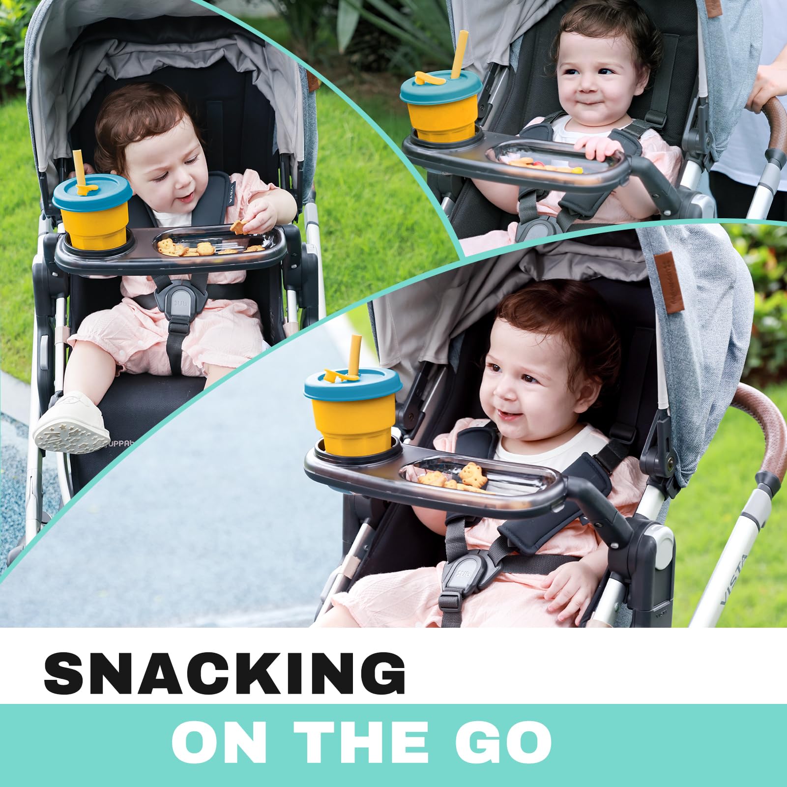 Boffinby tray folds with stroller for compact storage.
