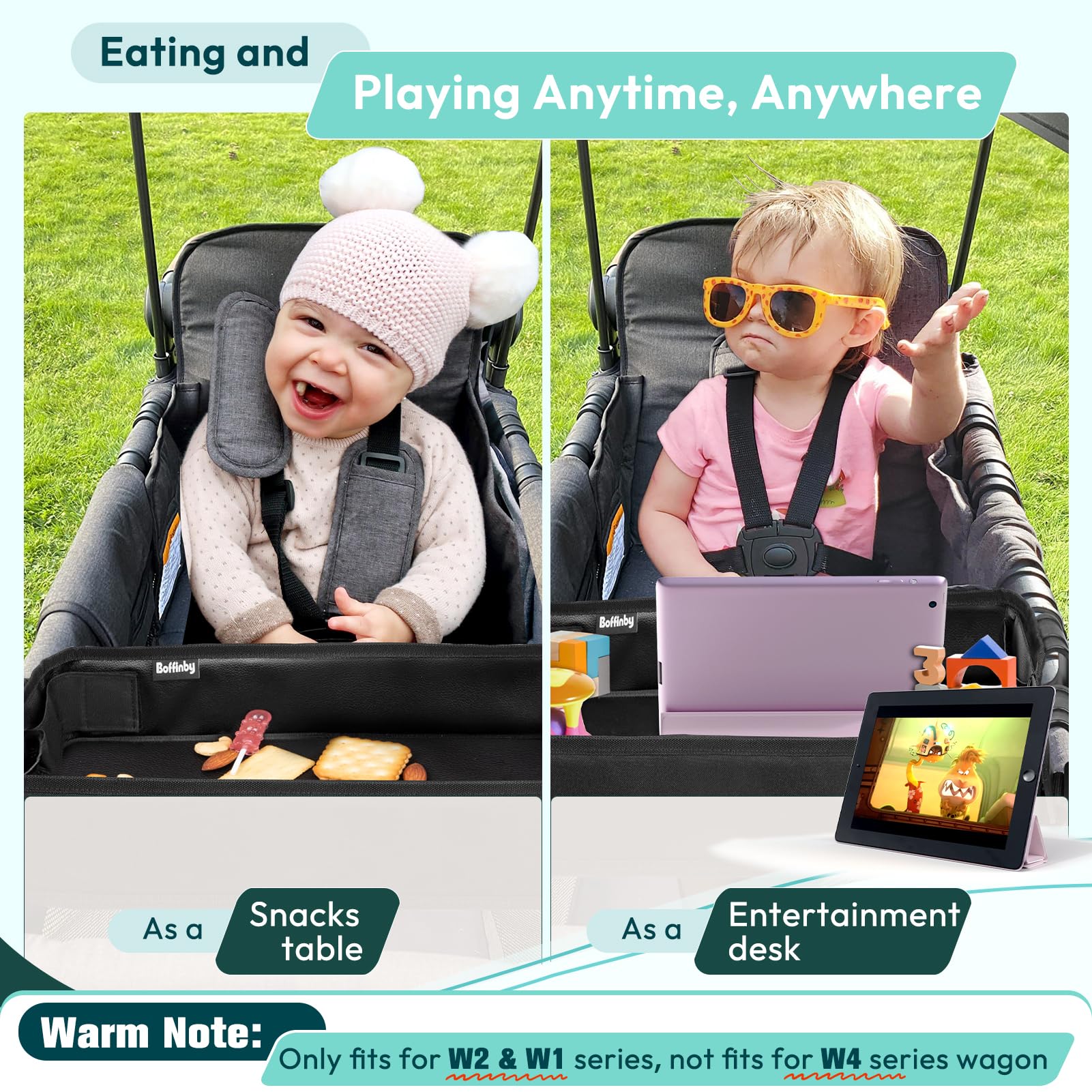 Boffinby stroller tray displaying mesh pockets for small items during travel.