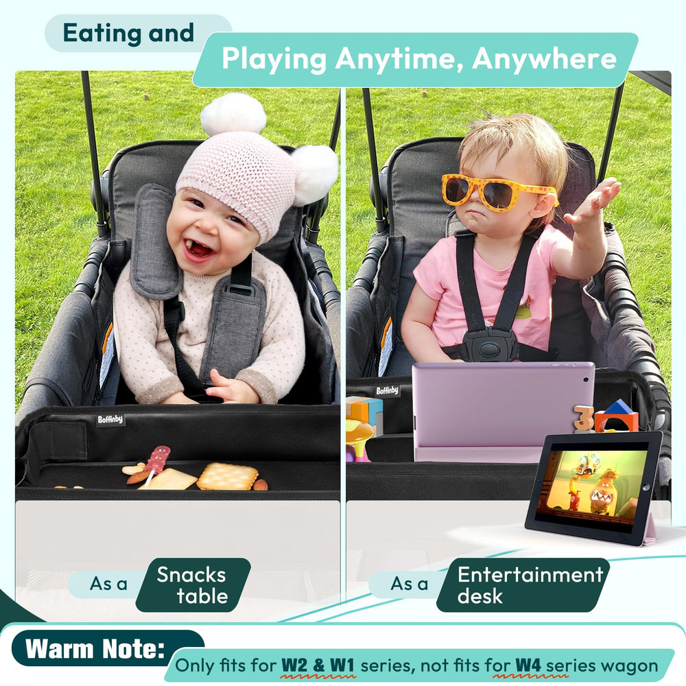 Boffinby stroller tray displaying mesh pockets for small items during travel.